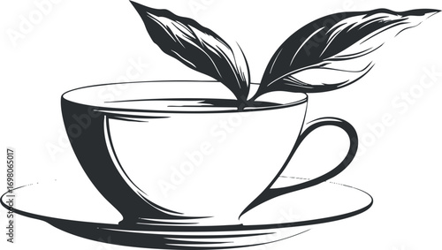 A minimalist illustration of a cup with leaves, symbolizing tea and natural refreshment. Black on transparent background.