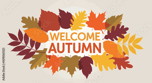 A vibrant welcome autumn sign designed with a colorful wreath of fall foliage, a flat vector illustration for seasonal greetings and decorations