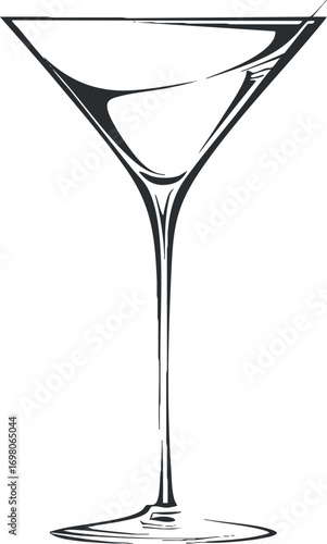 An elegant illustration of a martini glass ideal for cocktail-related themes and designs. Black on transparent background.