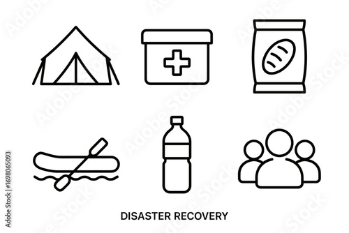 Essential disaster recovery icons: shelter, first aid, food, canoe, water, teamwork