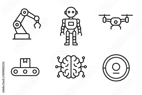 Robotics and automation icons: ai, robot, drone, conveyor, brain, vacuum