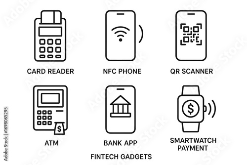 Fintech gadgets illustration: card reader, nfc phone, qr scanner, atm, bank app, smartwatch payment icons