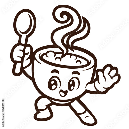 Mascot Warm Soup Bowl Cute Cartoon Hold Spoon Outline