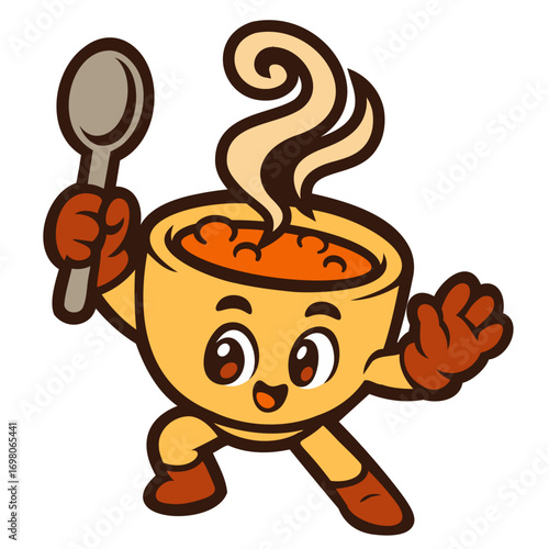 Mascot Warm Soup Bowl Cute Cartoon Hold Spoon