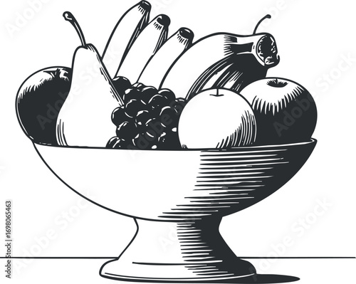 A detailed black and white drawing of a bowl filled with various fruits. Black on transparent background.