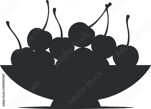 A silhouette of cherries in a bowl representing freshness and healthy snacking options. Black on transparent background.