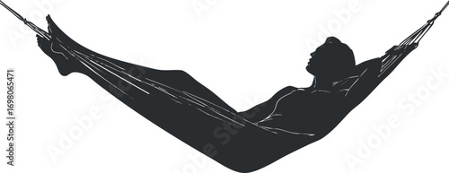 A silhouette of a person relaxing in a hammock, embodying tranquility and leisure in nature. Black on transparent background.