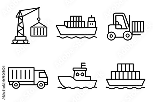 Shipping icons set featuring containers, ships, and transport vehicles