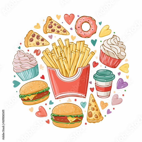 Hand-Drawn Food Doodles - Burger, Pizza Slice, Ice Cream, Coffee Cup, Fries