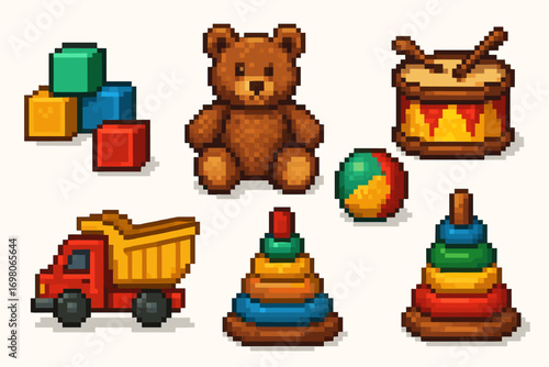 Pixel art toys: teddy bear, drum, blocks, ball, truck, stacking rings