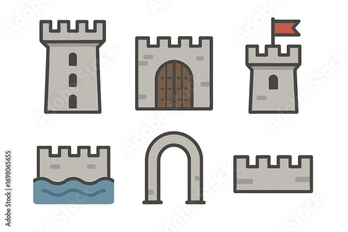 Medieval castle elements: towers, gates, archways, walls, flags, moat