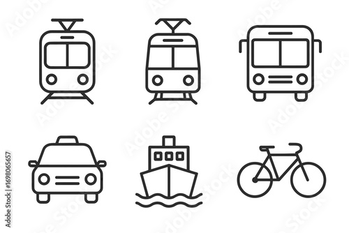 Minimalist icons of transportation: tram, bus, car, boat, bicycle