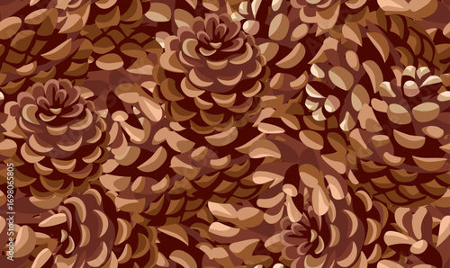 Seamless pattern with pine cones. The cones lie close to each other. Christmas, autumn or winter pattern for packaging, textile and printing. Vector illustration on isolated background.