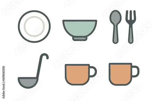 Simple utensil set with plate, bowl, spoon, fork, ladle, and mugs illustration
