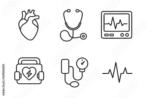 Medical equipment icons: heart, stethoscope, monitor, defibrillator, blood pressure, ekg