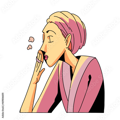 Cartoon illustration of a woman applying face powder as part of her makeup routine, symbolizing beauty, self-care, and femininity