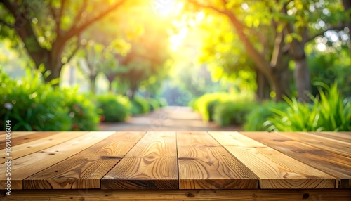 Wooden tabletop in a park scene