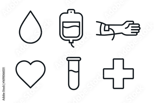 Medical icons: blood drop, iv bag, arm, heart, test tube, health cross symbols