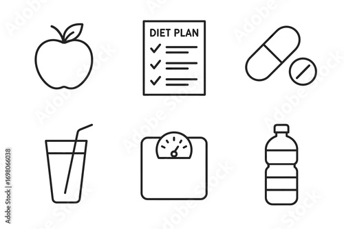 Healthy lifestyle icons: apple, diet plan, pills, juice, scale, water bottle