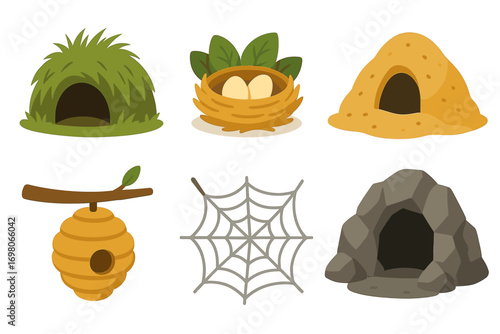 Collection of animal habitats: burrow, nest, hive, web, cave