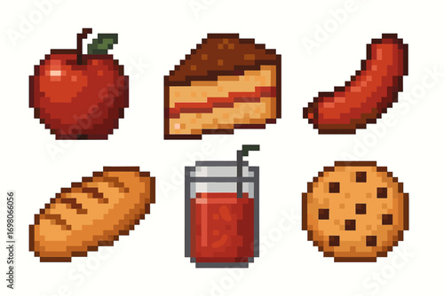 Pixel art food icons: apple, cake, sausage, bread, juice, cookie