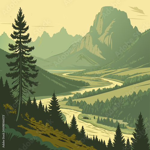 Vector art of scenic mountain landscape with river flowing through valley, surrounded by lush green forests and towering peaks in a vector illustration