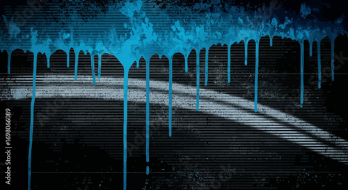 Abstract Blue Paint Drips on Dark Surface with White Lines.
