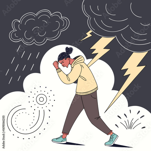 Vector art of cartoon illustration of a woman experiencing mental health issues, surrounded by storm clouds, rain, and wind, symbolizing anxiety