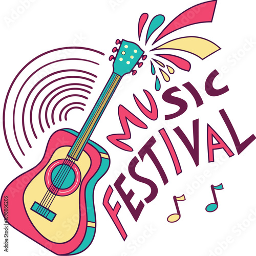 Vibrant music festival logo featuring a colorful guitar with dynamic sound waves and abstract shapes