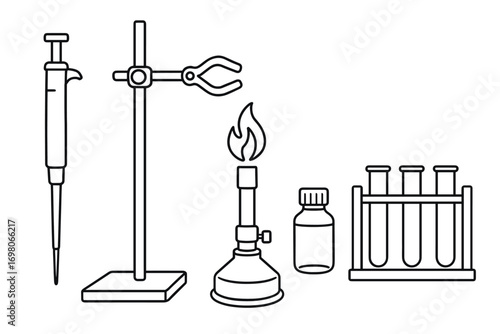 Science lab equipment: bunsen burner, pipette, test tubes, clamp