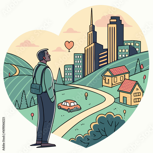 Vector art of a man looking at a city skyline within a heart shape, symbolizing love for urban life and connection to the community