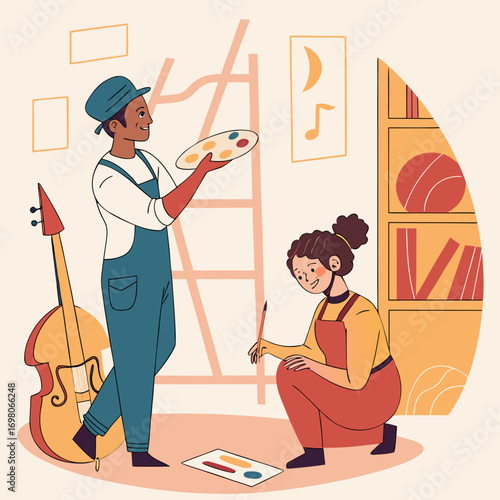 Vector art of two artists in a creative space with a guitar, ladder, paintings, and bookshelf, showcasing artistic collaboration and inspiration