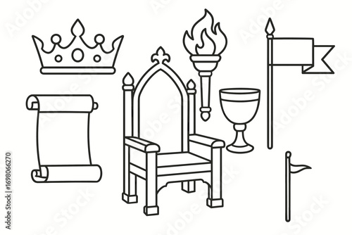 Medieval symbols: throne, crown, scroll, torch, flag, goblet outline design