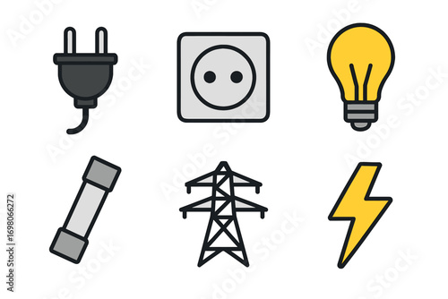 Electrical icons: plug, socket, bulb, fuse, power line, lightning bolt