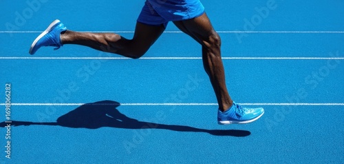 The Runner's Muscular Legs Sprinting Powerfully Across a Vibrant Blue Track