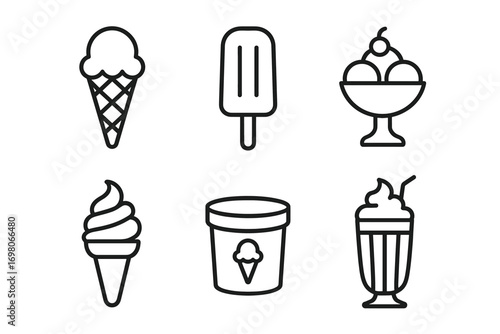 Collection of ice cream outlines: cone, popsicle, sundae, soft serve, tub, milkshake