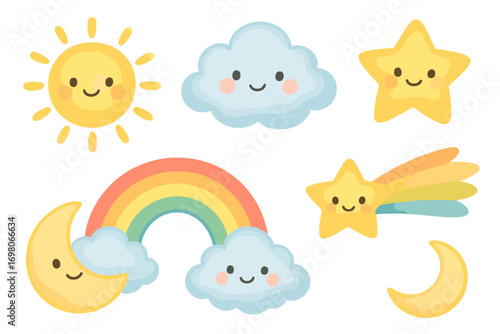 Cute cartoon sun, moon, stars, cloud, rainbow with smiling faces