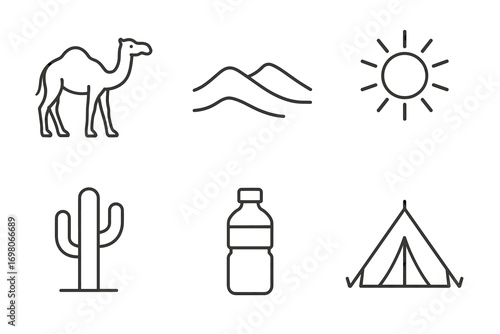 Outline icons of camel, sand dunes, sun, cactus, water bottle, tent