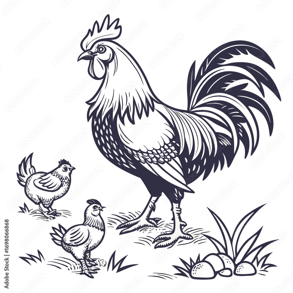 Fototapeta premium A proud rooster stands guard over two chickens in a grassy field