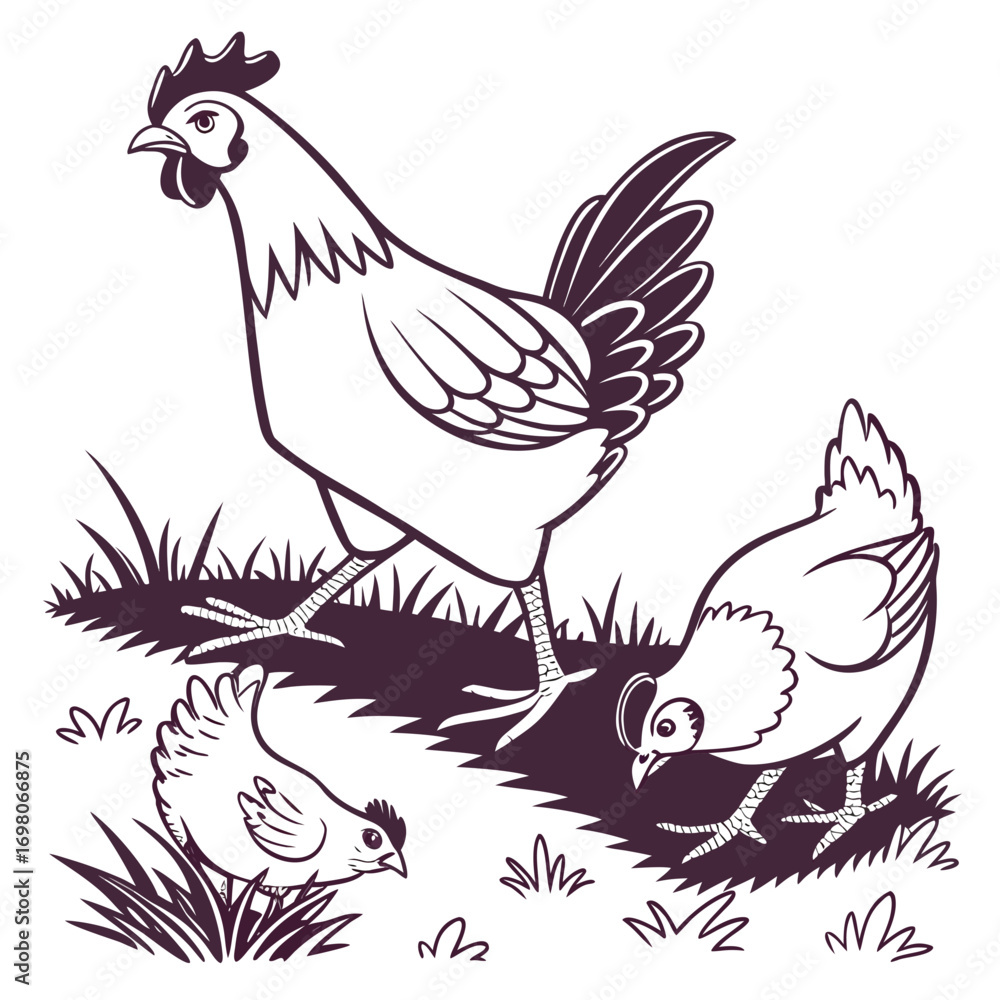 Fototapeta premium A stylized line drawing of a rooster and two chickens grazing in the grass