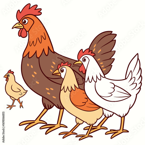 A charming cartoon illustration of a rooster two hens and a chick standing together in a line