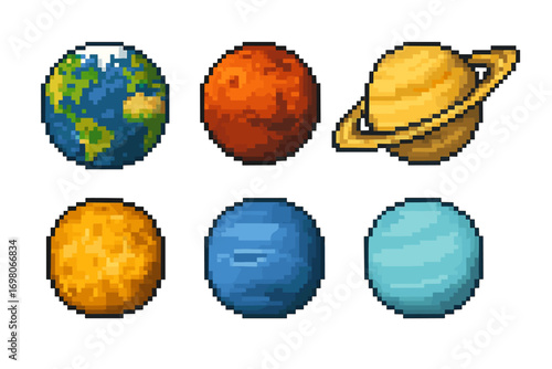 Pixel art of planets in the solar system with unique textures and colors
