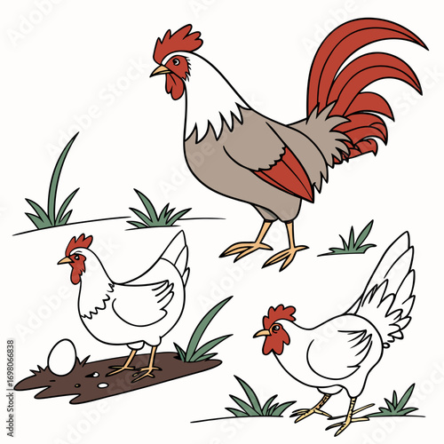 A charming illustration of a proud rooster standing with two hens and a fresh egg in a grassy farmyard setting