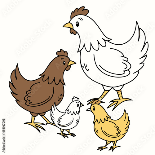 Charming cartoon illustration of a brown hen a white hen and two chicks on a white background