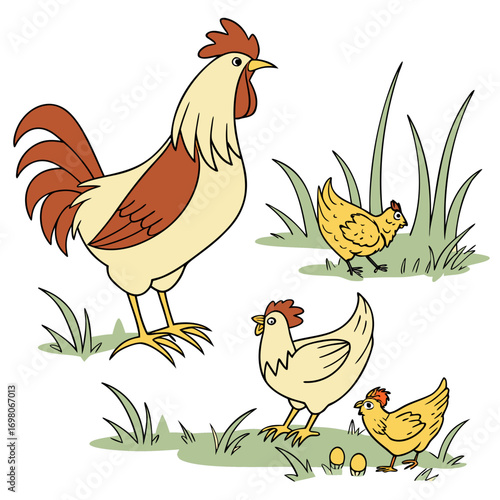 Cartoon illustration of a proud rooster standing with hens and chicks in green grass
