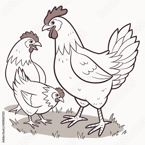 Charming cartoon illustration of a proud rooster standing with two hens in a grassy field