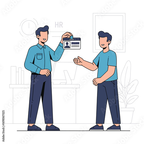 Vector art of hr manager giving an id card to a new employee in the office