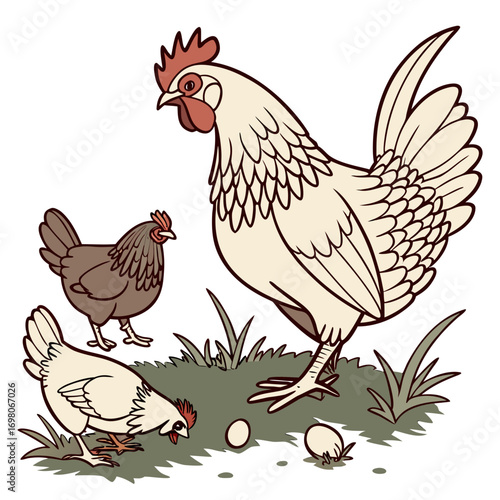 Charming cartoon illustration of a rooster and two hens with fresh eggs in a grassy farm setting