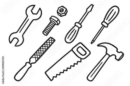 Hand tools set: wrench, screwdriver, file, saw, bolt, nut, hammer in black and white outline