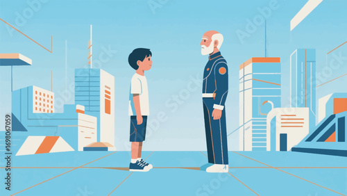 illustration of a child meeting an older version of himself vector design template